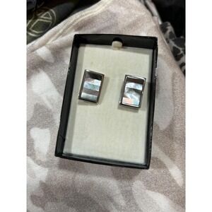 White Opalescent Stone Rectangular Cufflinks Stainless Steel NIB Mens Silver